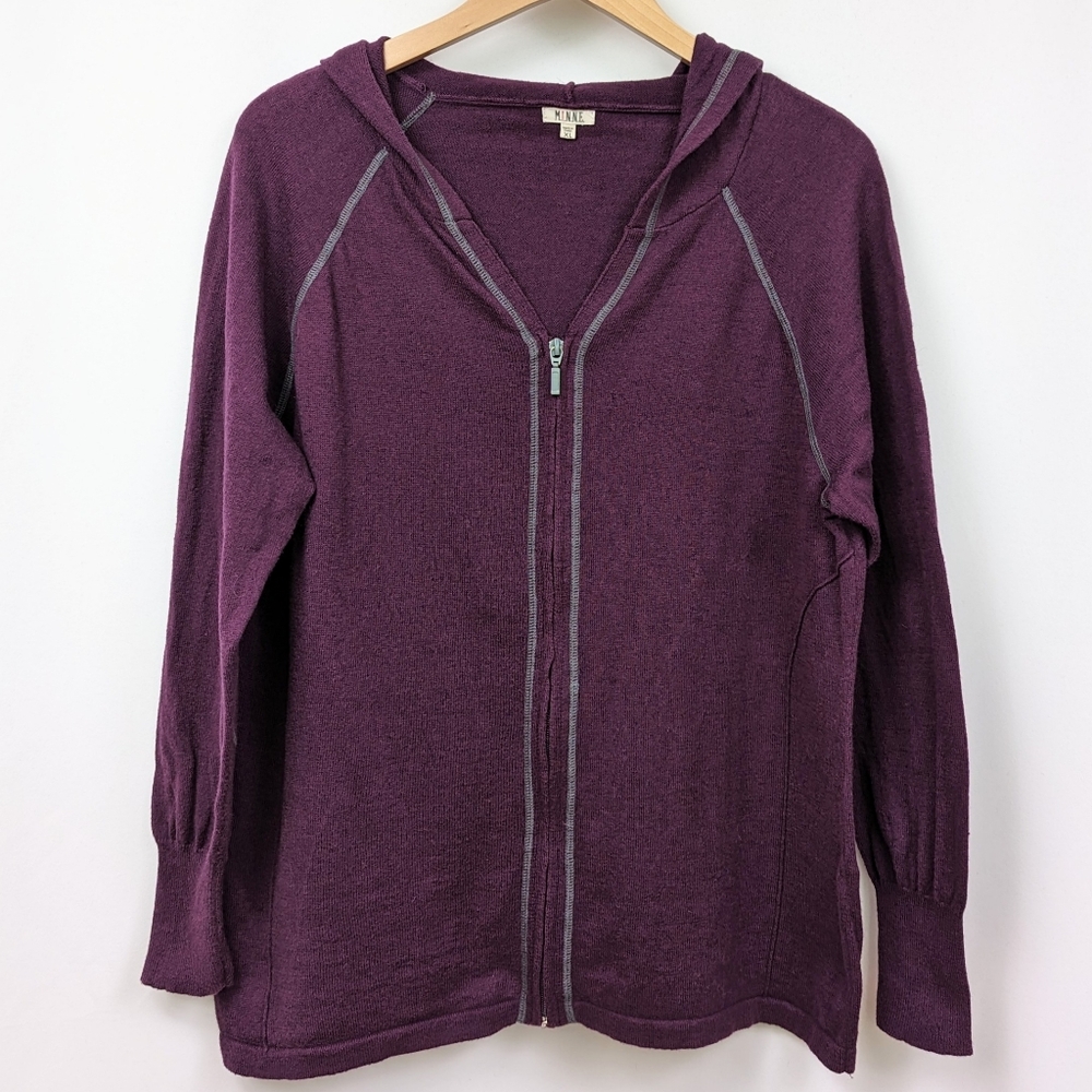 M.I.N.N.E. Cardigan Hooded Full Zip V-Neck Raglan Sleeve Stitched Detail Plum XL